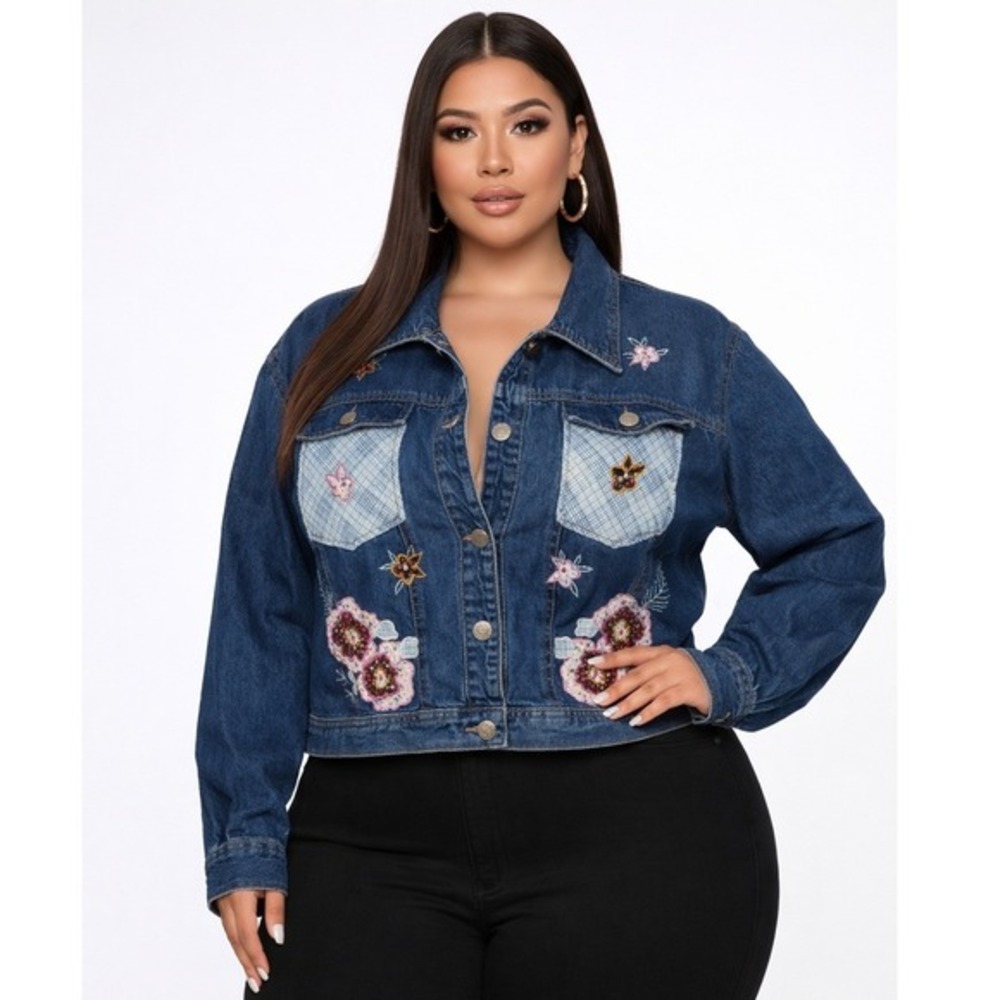 Seventh Avenue Denim Jacket Women‎ 2X Blue Floral Patchwork Embroidered Cotton